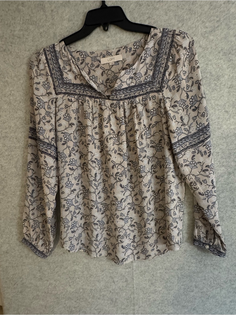 LOFT Beige Floral Peasant Blouse with Navy Trim